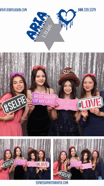 Photo booth print of four girls holding props at Aria's Bat Mitzvah